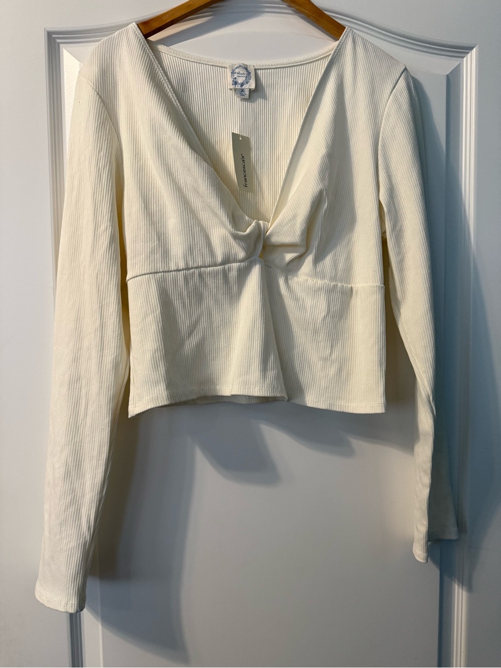 Francesca’s Blue Rain Rib-Knit Twist Front Long Sleeve Crop Top - Ivory